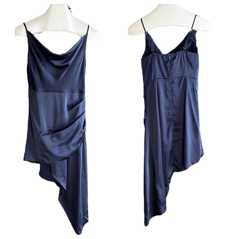 Cider satin blue Highlow cowl neck slip dress